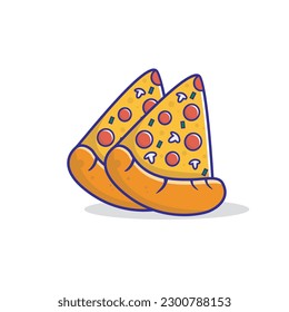 Vector illustration of pizza slice topped with sausage, mushrooms and melted cheese isolated on white background. Can be printed for food menu books, cafes, restaurants
