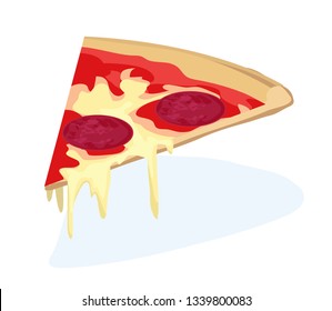Vector illustration of pizza slice triangle with salami and cheese isolated on white background