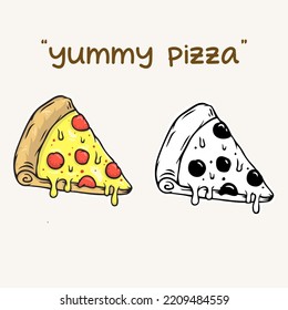 vector illustration of pizza slices, colored pizzas and black and white pizza drawings. yummy pizza