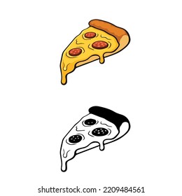 vector illustration of pizza slices, colored pizzas and black and white pizza drawings. yummy pizza