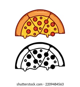 vector illustration of pizza slices, colored pizzas and black and white pizza drawings. yummy pizza