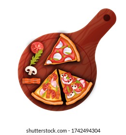 Vector Illustration With Pizza Slices On The Cutting Board Isolated On White. Italian Food Clipart With Pepperoni, Margherita, Tomatoes, Mushrooms, Bacon, Arugula In Realistic Style. 