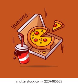 vector illustration of pizza slices and soda. yummy pizza. fast food illustration.