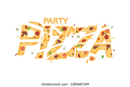 Vector illustration of Pizza text, logotype, emblems, badges, elements and icons. Pizza typography poster, pizzeria cafe, restaurant or logo.