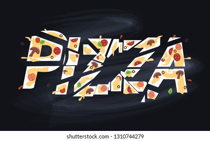Vector illustration of Pizza text, logotype, emblems, badges, elements and icons. Pizza typography poster, pizzeria cafe, restaurant or logo. Food on blackboard.