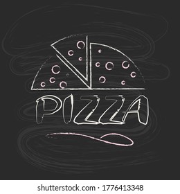 Vector illustration of pizza text for shop logotype. Little pizza badge, tag and icon. Inspirational quote card/ invitational/ banner template. Pizza calligraphy background. EPS 10.