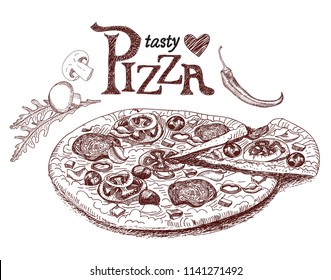 The vector illustration of pizza with title. Elements for your design. Menu for restaurants. Hand drawn sketch.