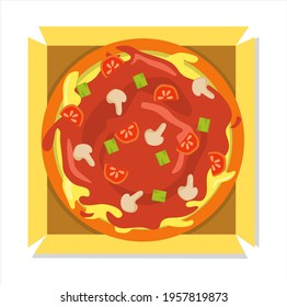 Vector illustration of pizza with tomato sauce and cheese freshly opened from box. restaurant and food themes, suitable for advertising food products