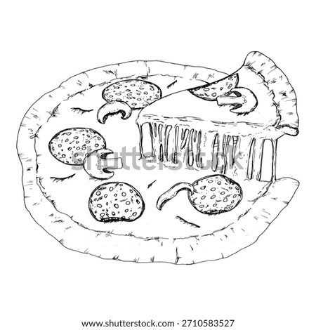 Vector illustration of a pizza topped with salami slices, mushrooms, with one piece lifted to show melted cheese stretching. Suitable for menu graphics, recipe ideas, food packaging, pizzeria branding