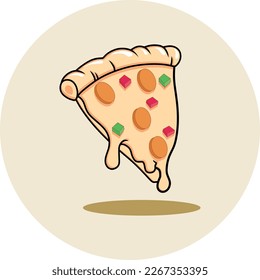 Vector illustration of a pizza with a triangular shape. Pizza images usually depict tomato sauce on pizza bread with additional toppings such as cheese, beef or chicken, peppers, mushrooms, and onions