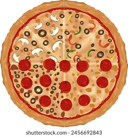 Vector illustration of a pizza with various toppings.