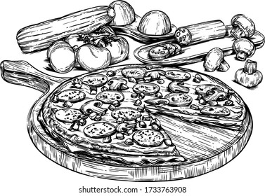 
Vector Illustration Of Pizza And Vegetables With Detailed Drawing