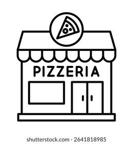 Vector illustration of pizzeria building with pizza sign. Editable stroke.