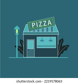 Vector Illustration Of A Pizzeria With A Street Lamp And Plants Behind