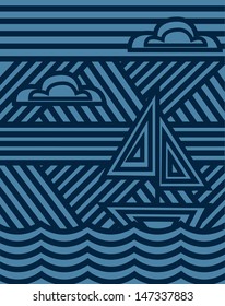 Vector illustration placard with geometric lines showing sea waves, boat yacht with a sail against sky with clouds. Light and dark blue shades and tints