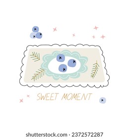vector illustration of a place with blueberry dessert, berries and greens 
