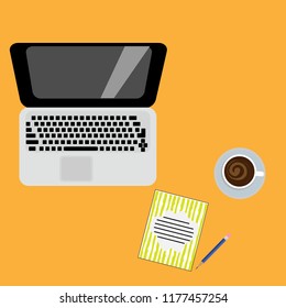 Vector illustration. Place for homework. Laptop, notebook and pencil on a color background