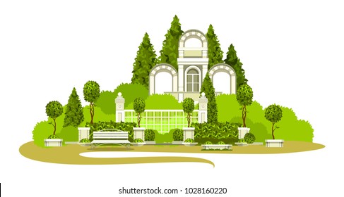 Vector illustration of place of mass recreation Park architecture garden plants bench