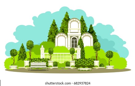 Vector illustration of place of mass recreation Park architecture garden plants bench