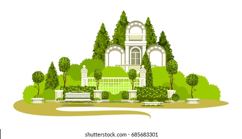 Vector illustration of place of mass recreation Park architecture garden plants bench