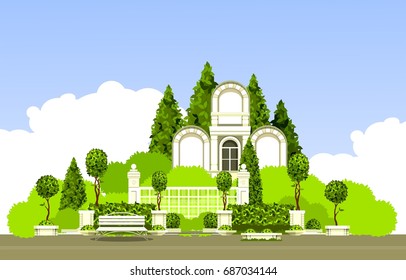 Vector illustration of place of mass recreation Park architecture garden plants bench