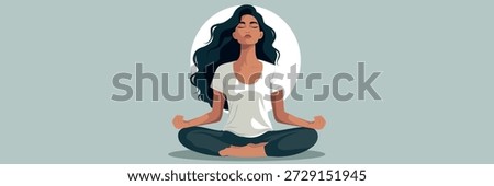 Vector illustration with a place for text, female yogi in meditative lotus position with her eyes closed, radiating calmness. Soft pastel background. Perfect for wellness, mental health, yoga content