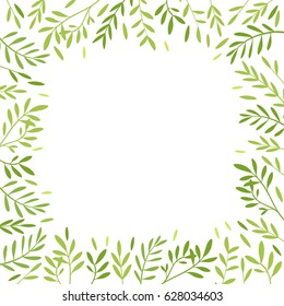 Vector illustration. Place for text. Green plants frame, botany, leaves, floral. The perfect design for greeting card, packaging, wedding card, kitchen decor, cosmetics, natural, organic products