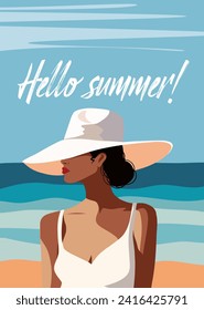 Lugar de ilustración vectorial para texto Hola concepto de verano turismo, vacaciones. Hermosa mujer de vacaciones en un sombrero frente al mar del océano. Turista con traje blanco en los trópicos