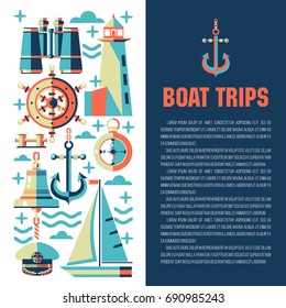 Vector illustration with place for text. Sea Yacht club. Paintings on the theme of sea travel. Binoculars, ship s wheel, lighthouse, compass, anchor.