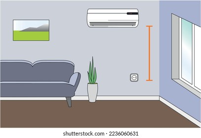 Vector illustration of placing the air conditioner in the interior at the correct height from the floor.