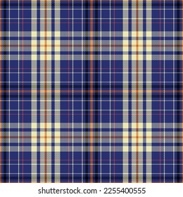 Vector illustration of a plaid pattern, beautifully contrasting white, orange, red, and black lines on a blue background. for the background and textile fashion and so on.