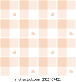 Vector illustration. of plaid pattern in pastel light brown tones interspersed with white background. And has a pastel light brown heart inside. For background and textile fashion and other project