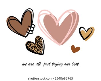 Vector illustration, plain and animal print hearts. Design for printing on shirt, poster, banner. Lovely print for t-shirt, abstract image.