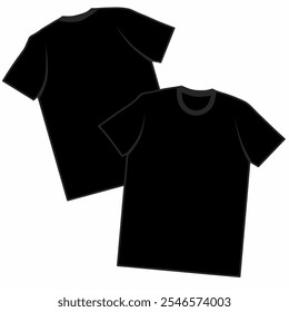 Ilustración vectorial de una camiseta negra lisa que muestra vistas delanteras y traseras. Ideal para el diseño de prendas, branding y proyectos de moda.