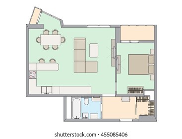 Vector illustration plan one-bedroom apartment