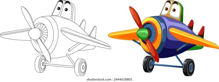 Vector illustration of a plane, black and white to color