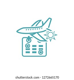 Vector illustration plane, calendar and sun. Set of vector symbols. Trip to rest air flight to the warm countries with the indication of dates on the calendar. Flat design