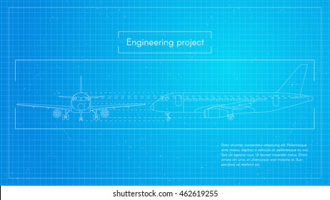 Vector illustration of plane. Engineering aircraft blueprint background or project.