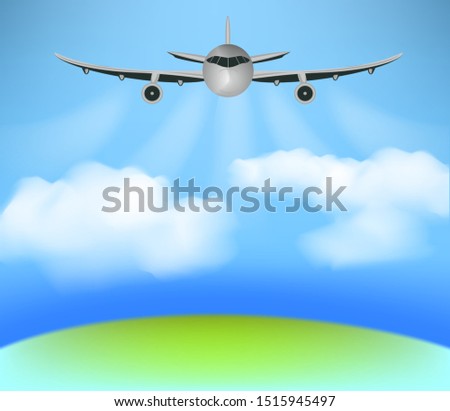 Vector illustration a plane flies over the clouds and the ground takes off into the blue sky