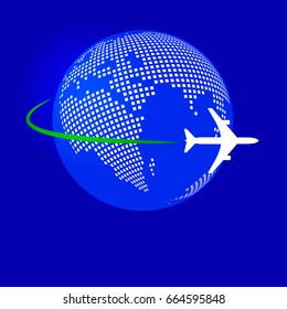 Vector illustration of plane fly over earth dot map