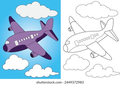 Vector illustration of a plane flying above the clouds, perfect for coloring pages for kids. The image shows a detailed outline of the plane with clouds in the background