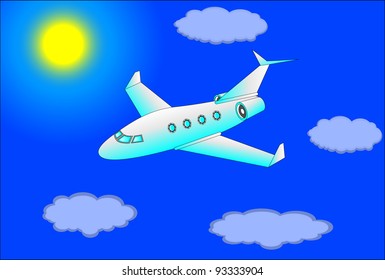 The vector illustration of the plane flying in the blue sky between the clouds,and the sun on the background.