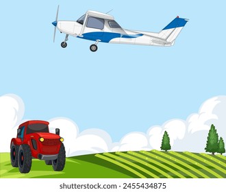 Vector illustration of a plane flying over a tractor