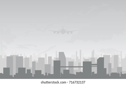 Vector illustration of plane flying over building's rooftops
abstract cityscape, flat skyline, cloudy sky