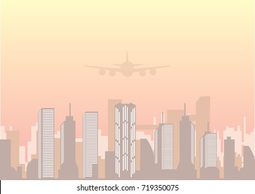 vector illustration of plane flying over city. flat cityscape illustration