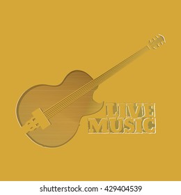 Vector illustration of the plane with a hole in the form of jazz guitar with the inscription live music and a gold background.