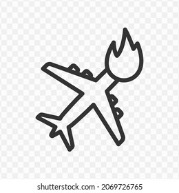 Vector illustration of plane on fire icon in dark color and transparent background(png).