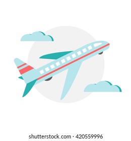 Vector illustration of plane on isolated background with clouds. Trendy flat design. Airplane icon on round background. Travel and trasportation. For ads, fliers, posters, web-design, t-shirts etc