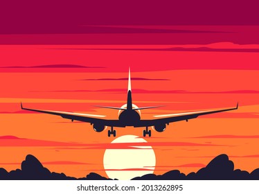 Vector illustration of a plane taking off, rear view, against a sunset background