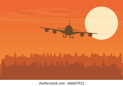 Vector illustration with plane taking off at sunset.